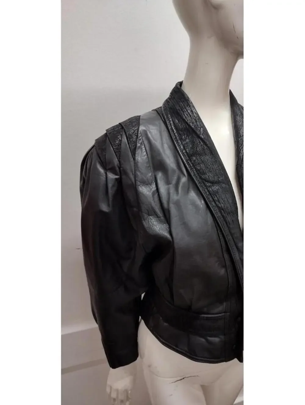 Black Tailored Leather Short Jacket New Wave Avante-Garde 1980s Bombshell S/M